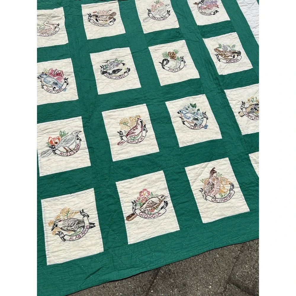 Vintage Heirloom 48 State Bird Fully Hand Stitched And Embroidered Quilt 81x88‎